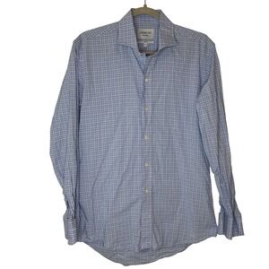 Ledbury Mens Slim Fit Dress Shirt Blue Pink Plaid Long Sleeve Spread Collar 15.5
